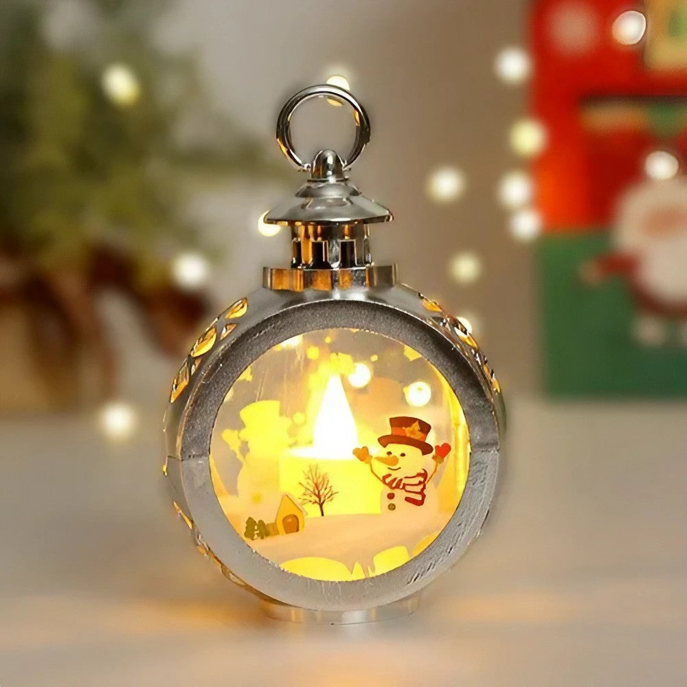 Decoratiune Craciun tip Felinare cu baterii, 13.5 x 9 cm, Lumanare cu geam si inscriptie om de zapada, lumina alb cald, baterii incluse, Argintiu