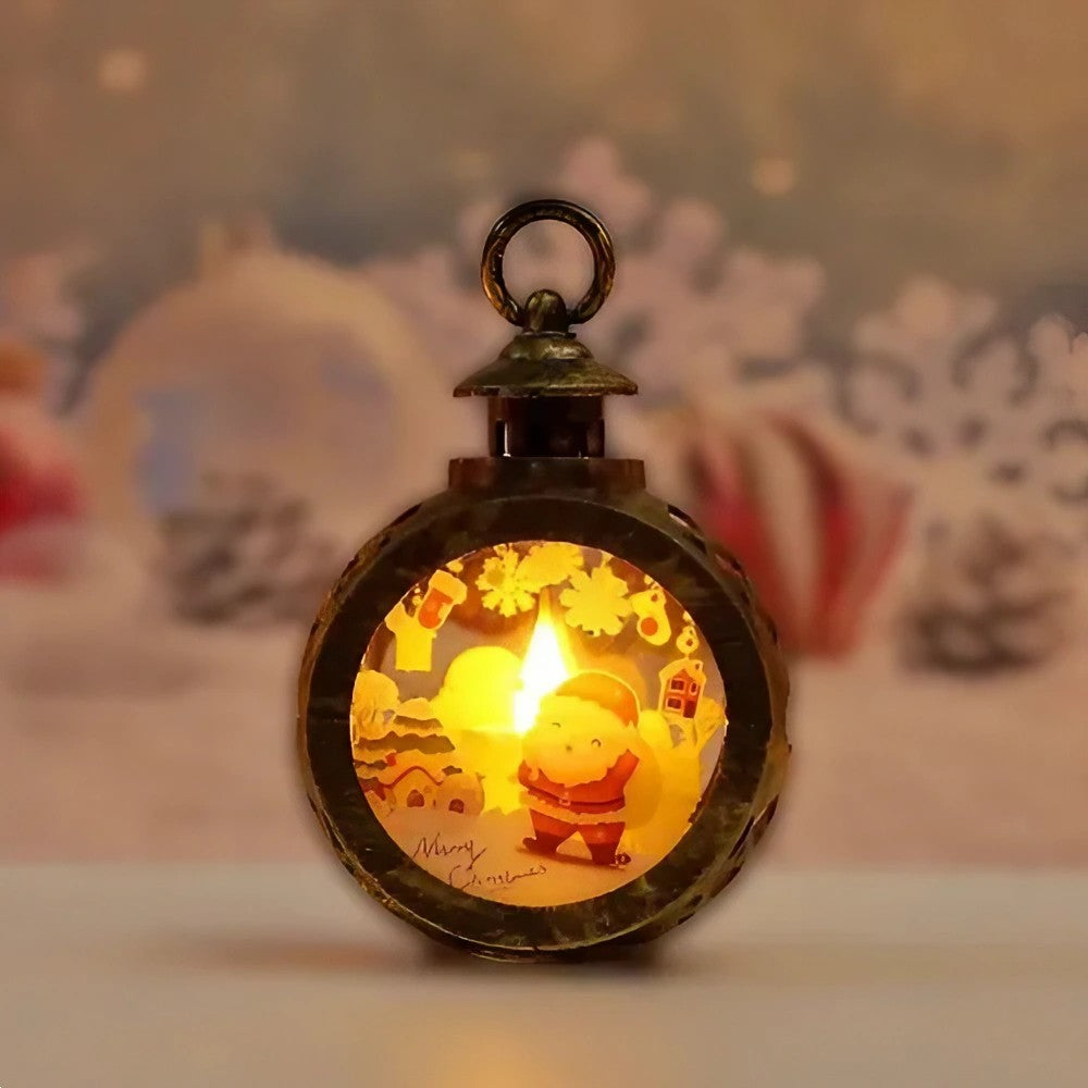 Decoratiune Craciun tip Felinare cu baterii, 13.5 x 9 cm, Lumanare cu geam si inscriptie Mos Craciun, lumina alb cald, baterii incluse, Bronz Auriu