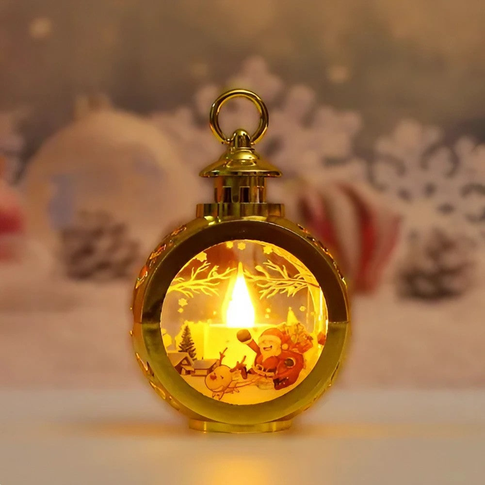 Decoratiune Craciun tip Felinare cu baterii, 13.5 x 9 cm, Lumanare cu geam si inscriptie Mos Craciun cu sanie, lumina alb cald, baterii incluse, Auriu