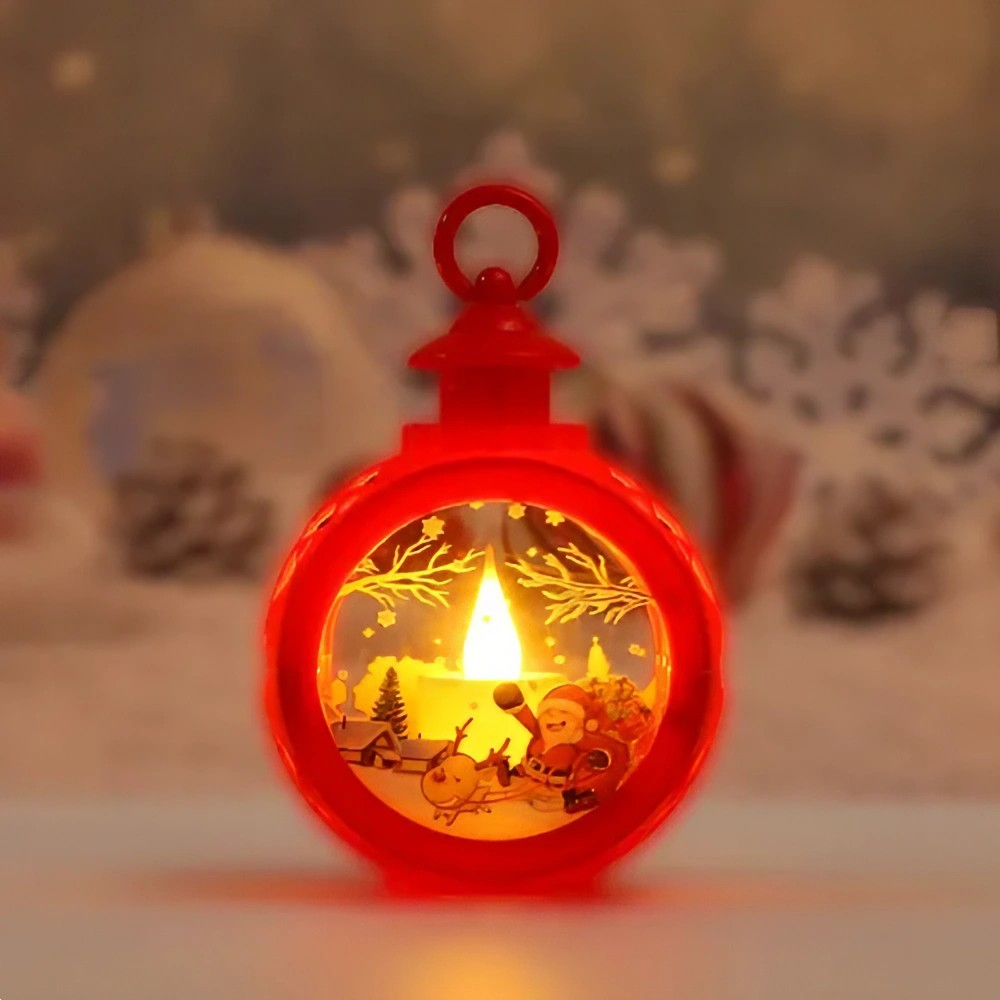 Decoratiune Craciun tip Felinare cu baterii, 13.5 x 9 cm, Lumanare cu geam si inscriptie Mos Craciun cu sanie, lumina alb cald, baterii incluse, Rosu