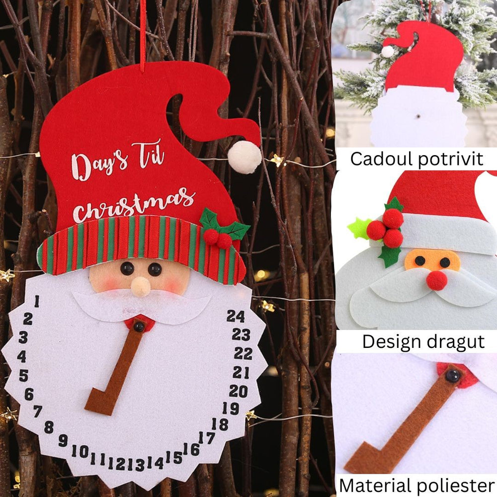 Decoratiune de Craciun, Advent calendar, numara zilele pana la Craciun, model Mos Craciun, material poliester, 37 x 22 cm, rosu