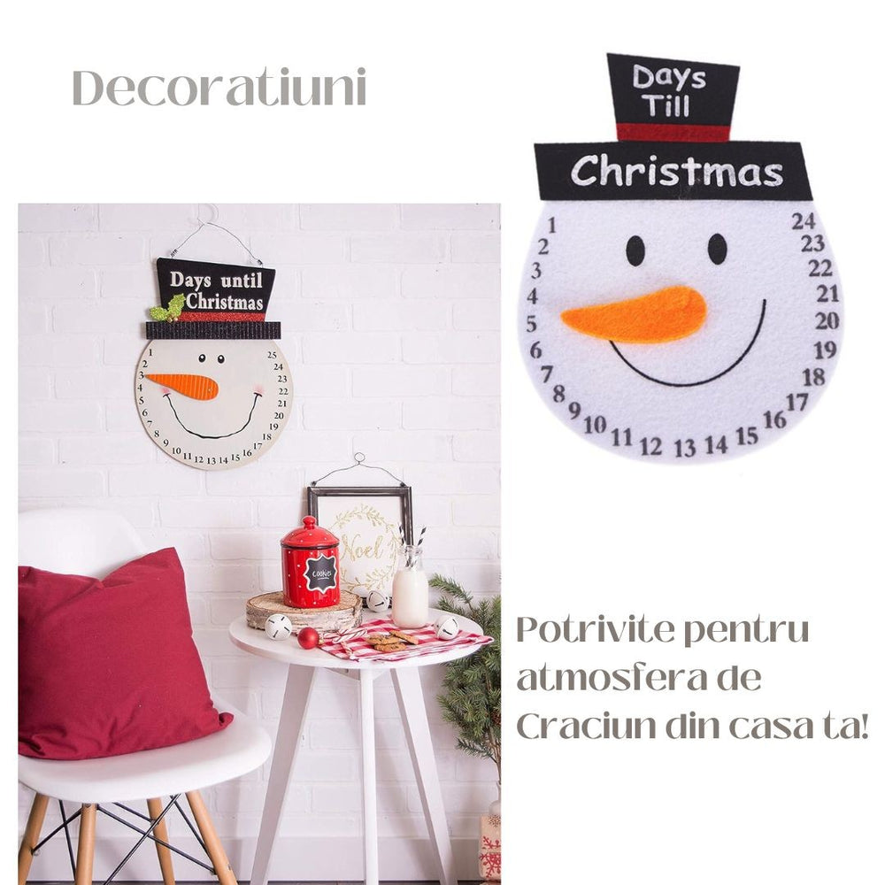 Decoratiune de Craciun, Advent calendar, numara zilele pana la Craciun, model Om de Zapada, material poliester, 17 x 13 cm, alb