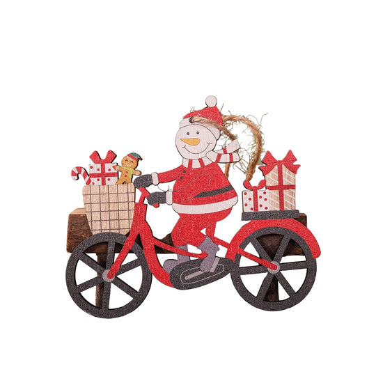 Decoratiune de Craciun din Lemn, cu Snur pentru Agatare in Brad, Model Om de Zapada pe Bicicleta, 10.3x11.5x0.5 cm, Multicolor