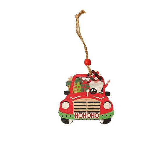 Decoratiune de Craciun din Lemn, cu Snur pentru Agatare in Brad, Model Masina lui Mos Craciun, Scris HoHoHO, 8x8x0.4 cm, Multicolor
