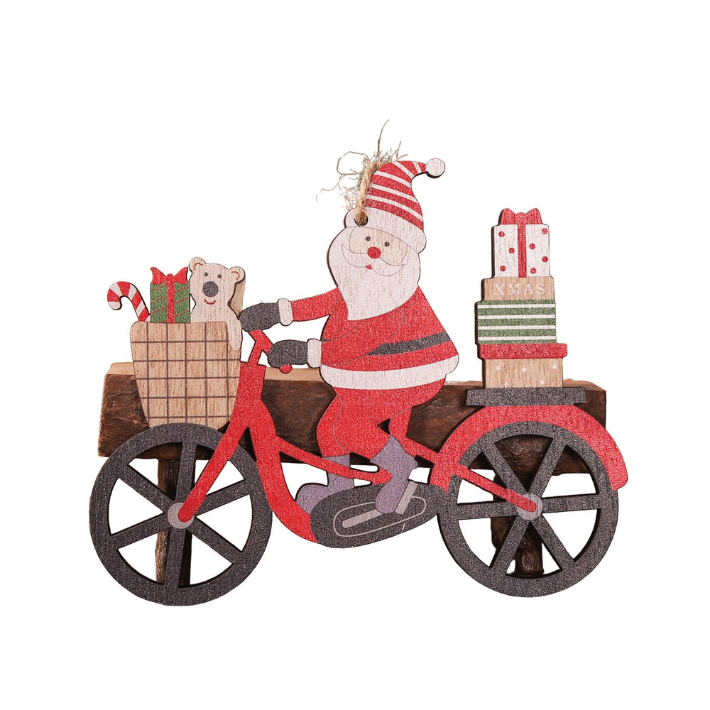 Decoratiune de Craciun din Lemn, cu Snur pentru Agatare in Brad, Model Mos Craciun pe Bicicleta, 10.3x11.5x0.5 cm, Multicolor