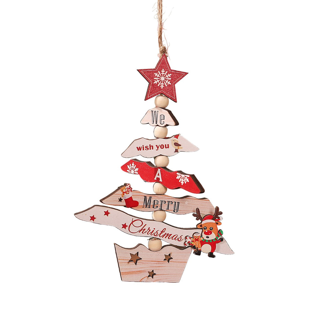 Decoratiune de Craciun din Lemn, cu Snur pentru Agatare in Brad, Model Brad de Craciun si Ren, Scris We Wish You A Merry Christmas, 17x12.8x0.4 cm, Multicolor