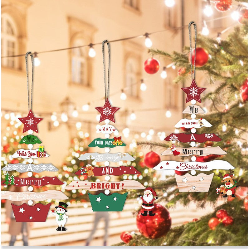 Decoratiune de Craciun din Lemn, cu Snur pentru Agatare in Brad, Model Brad de Craciun si Ren, Scris We Wish You A Merry Christmas, 17x12.8x0.4 cm, Multicolor