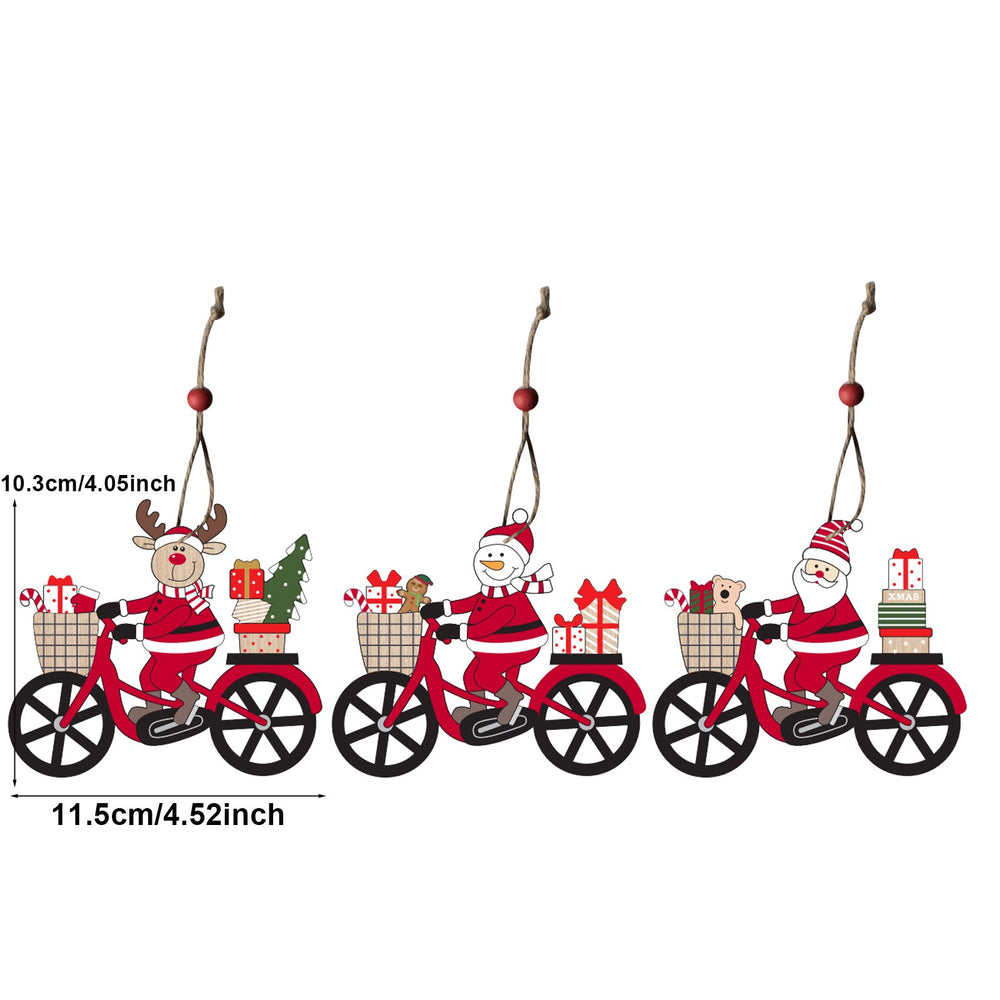 Decoratiune de Craciun din Lemn, cu Snur pentru Agatare in Brad, Model Om de Zapada pe Bicicleta, 10.3x11.5x0.5 cm, Multicolor