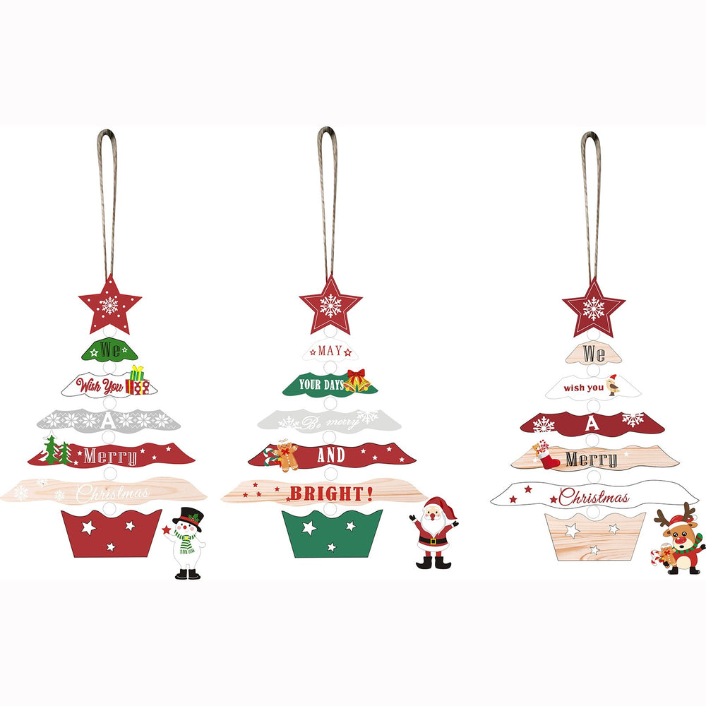 Decoratiune de Craciun din Lemn, cu Snur pentru Agatare in Brad, Model Brad de Craciun si Ren, Scris We Wish You A Merry Christmas, 17x12.8x0.4 cm, Multicolor