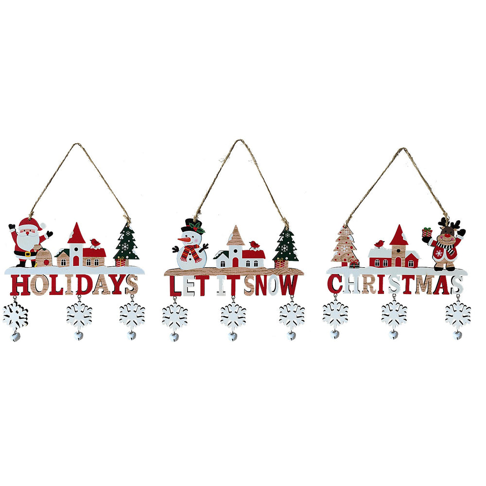Decoratiune de Craciun din Lemn, cu Snur pentru Agatare in Brad, Model Om de Zapada, Scris Let It Snow, 21.9x19 cm, Multicolor