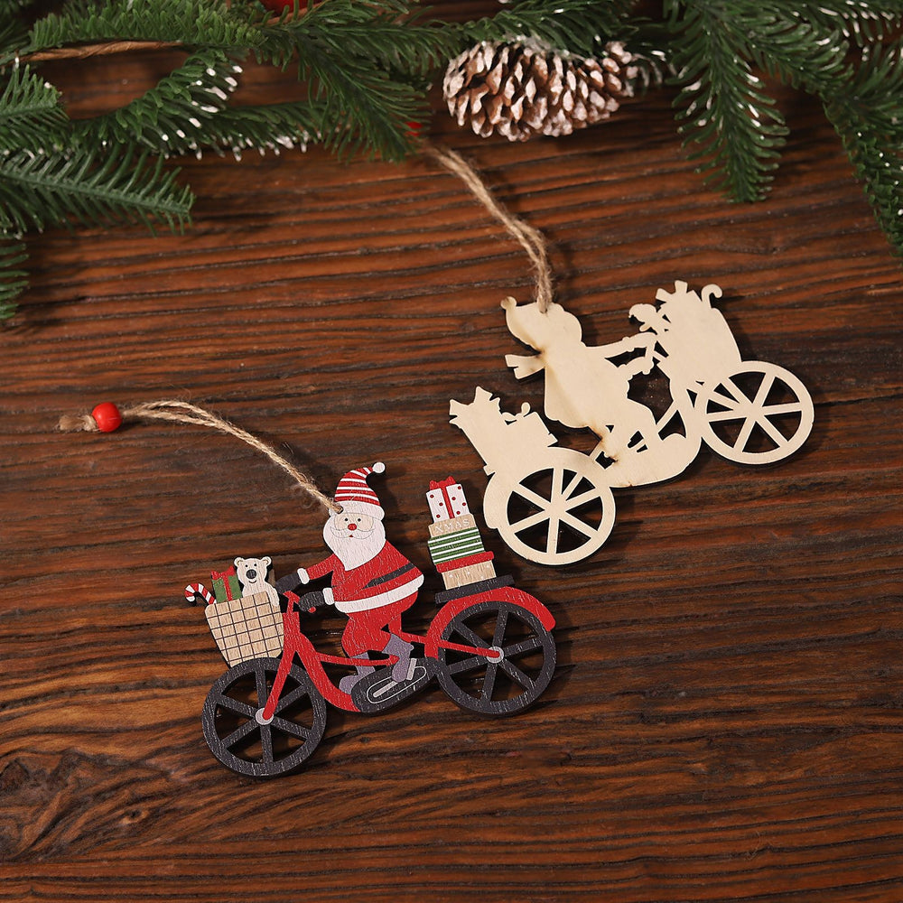 Decoratiune de Craciun din Lemn, cu Snur pentru Agatare in Brad, Model Mos Craciun pe Bicicleta, 10.3x11.5x0.5 cm, Multicolor