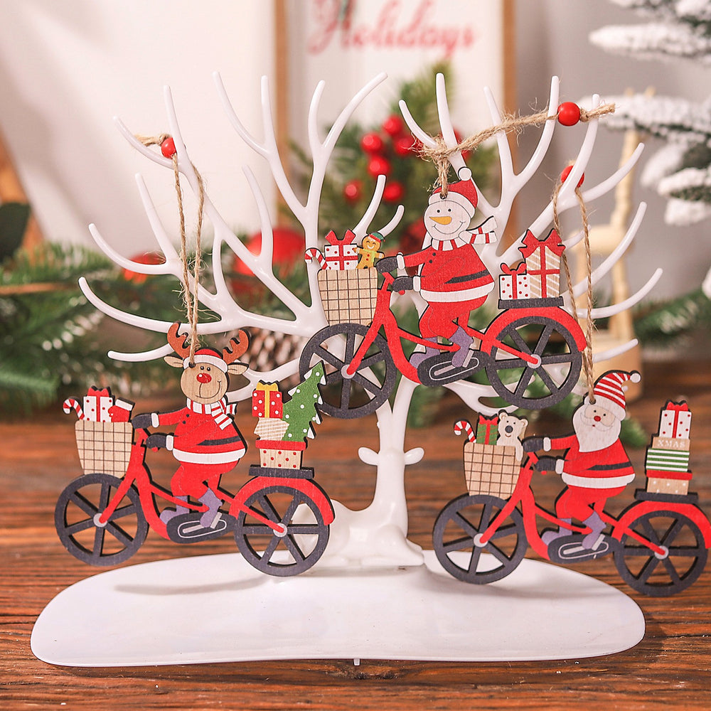 Decoratiune de Craciun din Lemn, cu Snur pentru Agatare in Brad, Model Mos Craciun pe Bicicleta, 10.3x11.5x0.5 cm, Multicolor