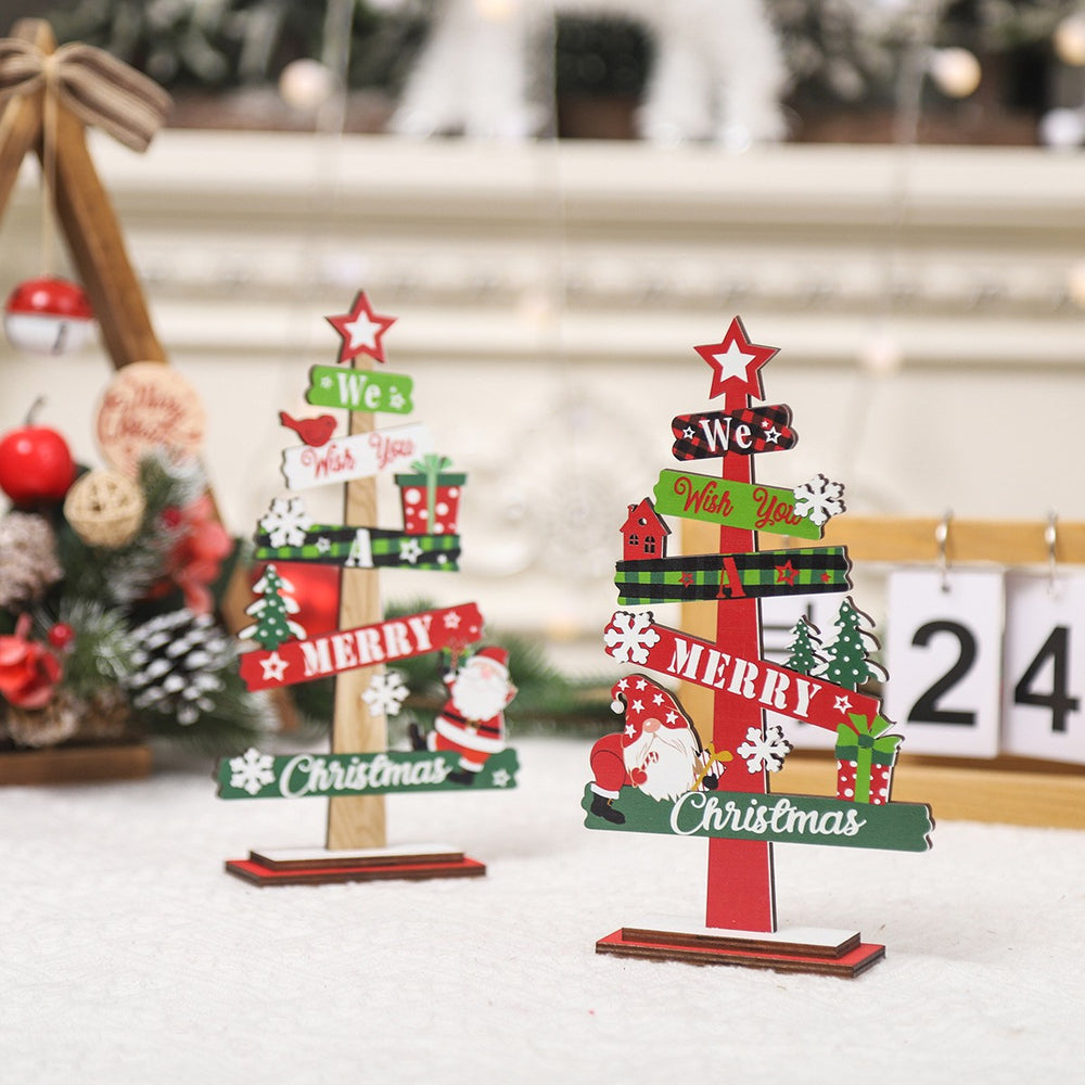 Decoratiune de Craciun din Lemn, pentru Masa, Model Bradut, Scris We Wish You A Merry Christmas, 21.5x12.2x4 cm, Multicolor