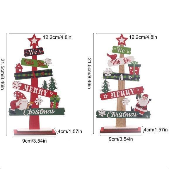 Decoratiune de Craciun din Lemn, pentru Masa, Scris We Wish You A Merry Christmas, Model Bradut, 21.5x12.2x4 cm, Multicolor