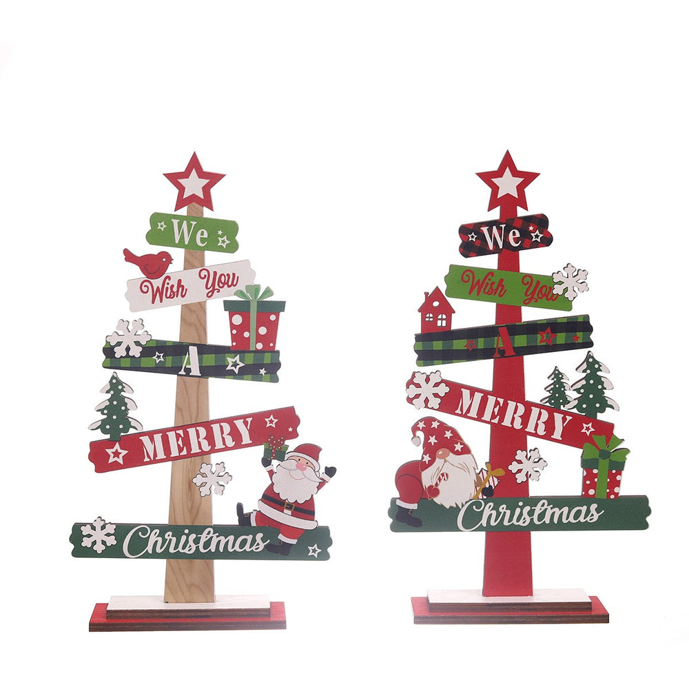 Decoratiune de Craciun din Lemn, pentru Masa, Scris We Wish You A Merry Christmas, Model Bradut, 21.5x12.2x4 cm, Multicolor