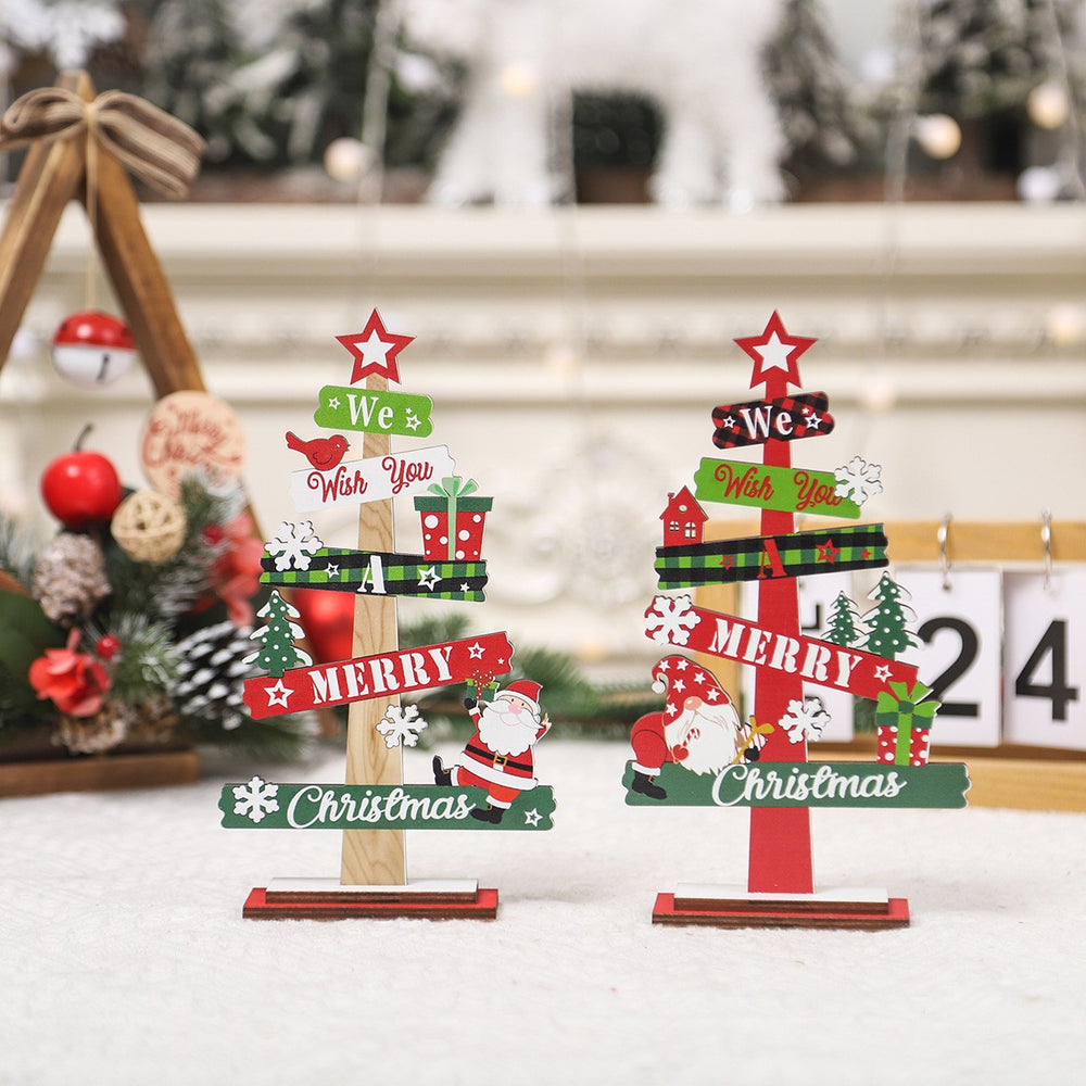 Decoratiune de Craciun din Lemn, pentru Masa, Scris We Wish You A Merry Christmas, Model Bradut, 21.5x12.2x4 cm, Multicolor
