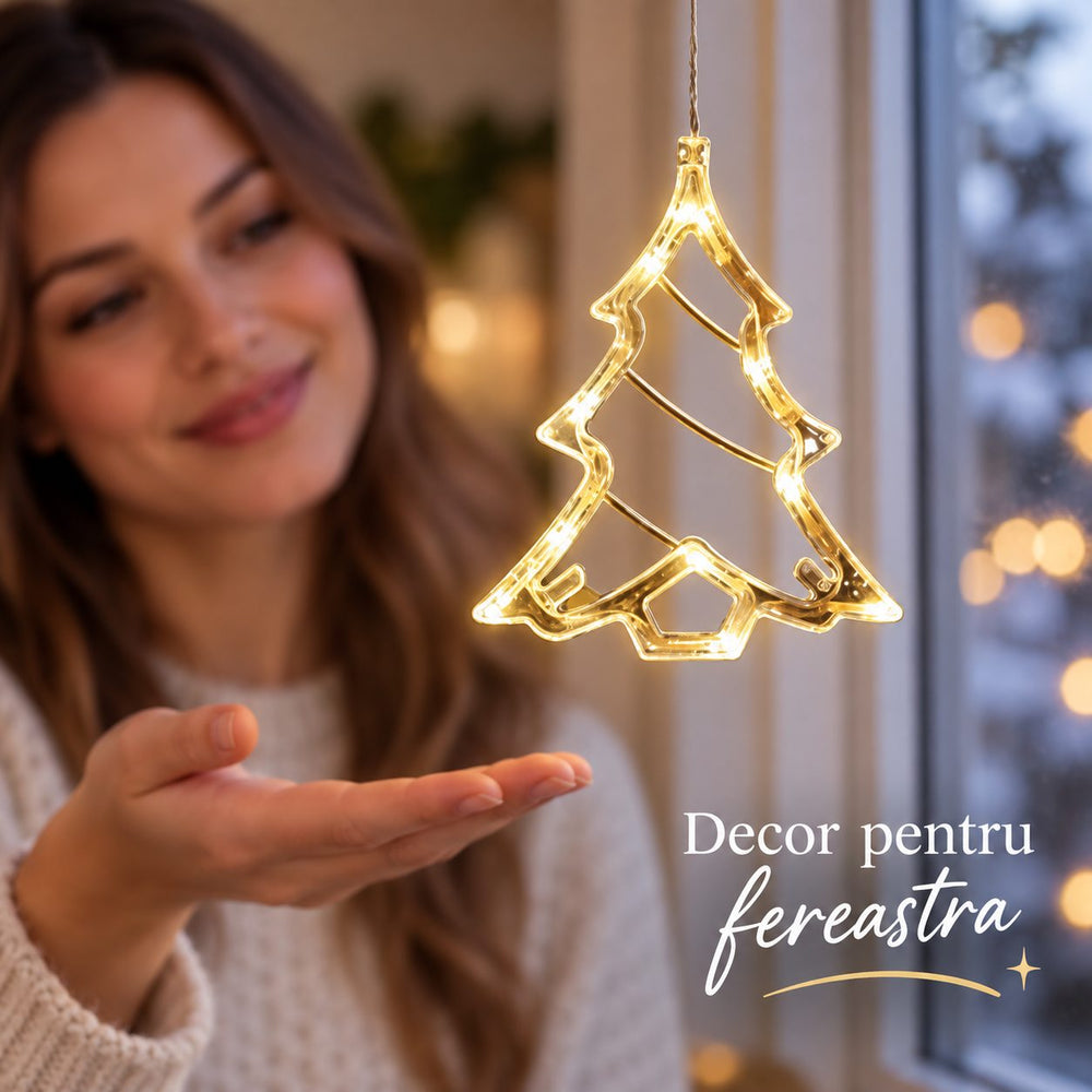 Decoratiune Luminoasa de Craciun pentru Fereastra, Model Brad, Iluminare LED, cu Ventuza, Plastic, 21 x 13 cm, Lumina Alb Cald
