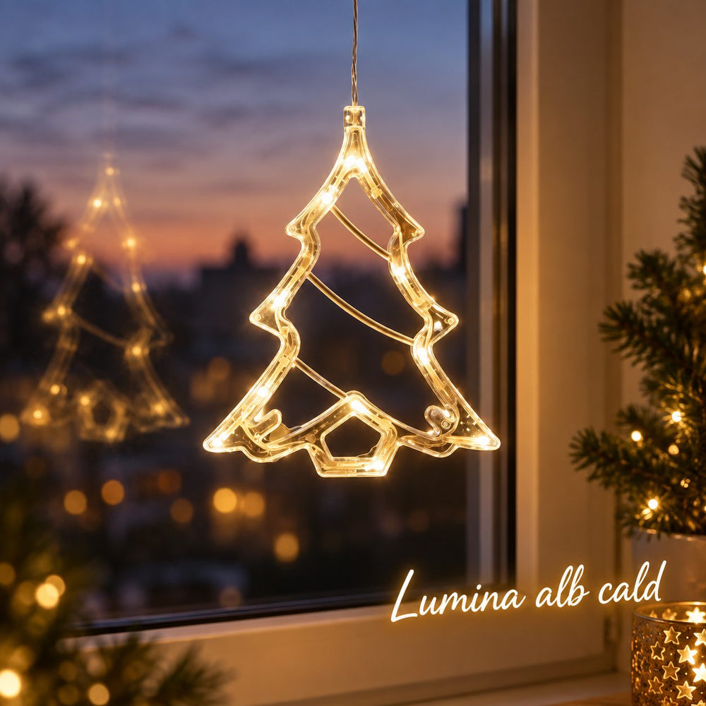 Decoratiune Luminoasa de Craciun pentru Fereastra, Model Brad, Iluminare LED, cu Ventuza, Plastic, 21 x 13 cm, Lumina Alb Cald