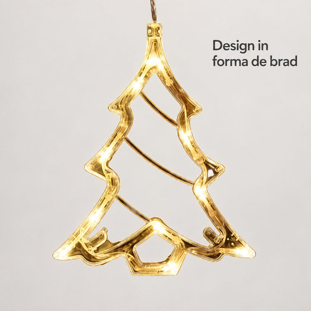 Decoratiune Luminoasa de Craciun pentru Fereastra, Model Brad, Iluminare LED, cu Ventuza, Plastic, 21 x 13 cm, Lumina Alb Cald