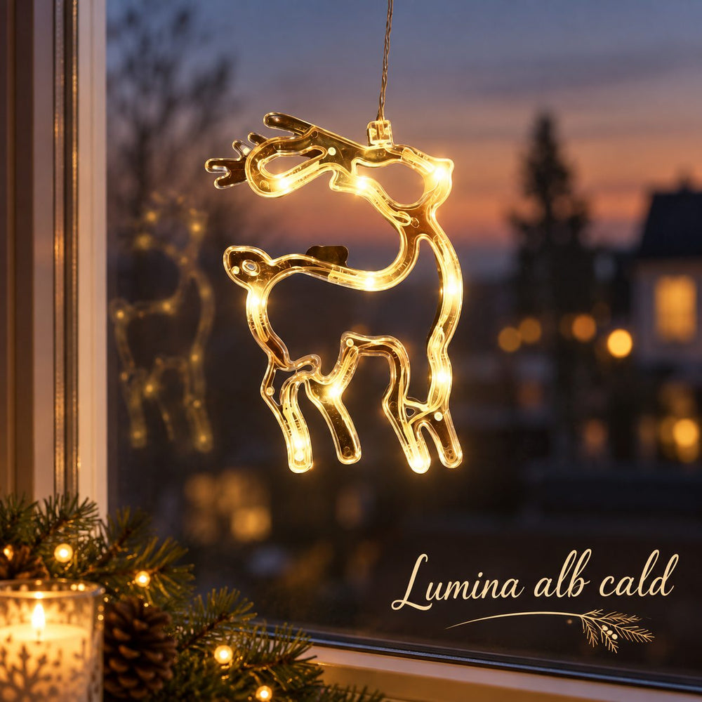 Decoratiune Luminoasa de Craciun pentru Fereastra, Model Cerb, Iluminare LED, cu Ventuza, Plastic, 18 x 13 cm, Lumina Alb Cald