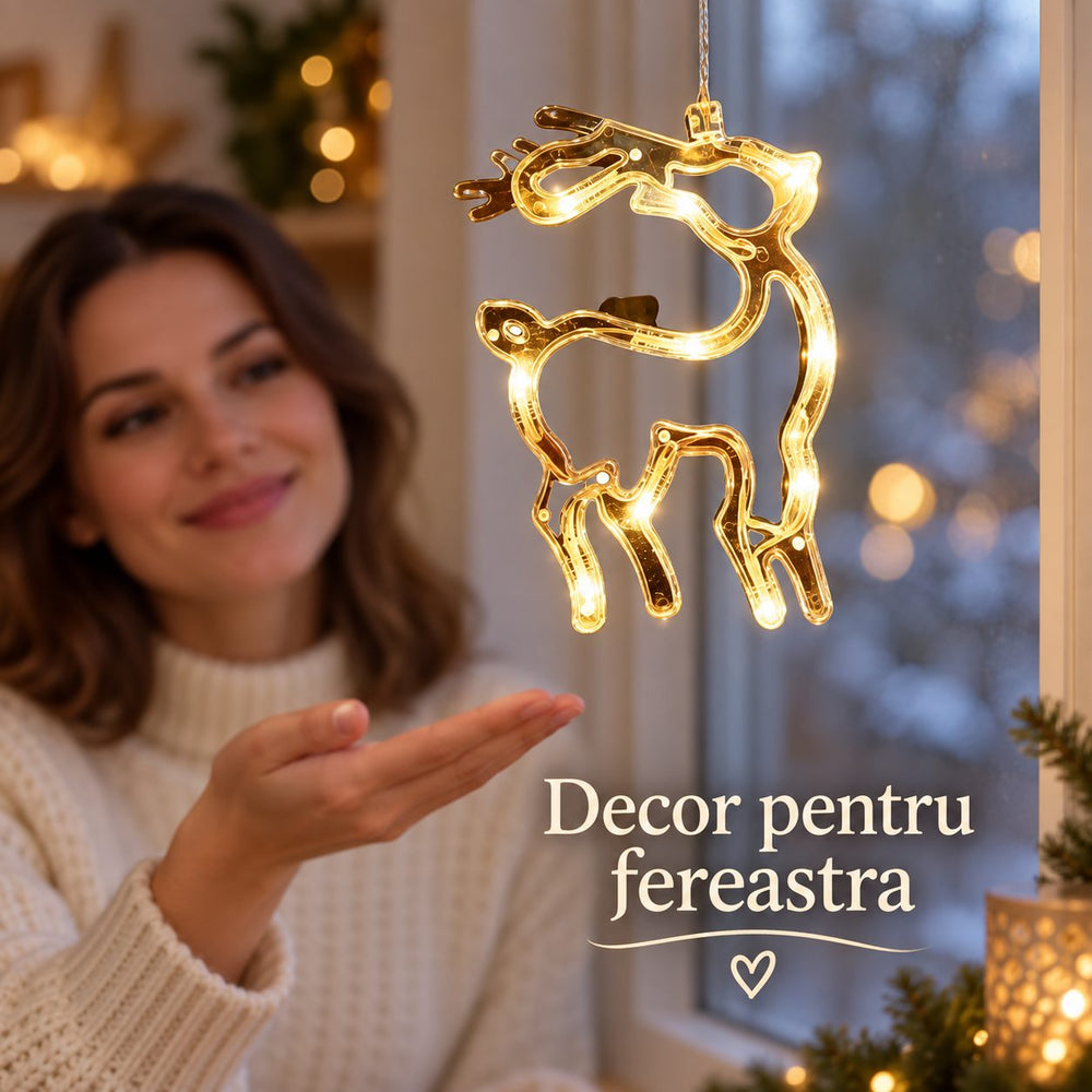 Decoratiune Luminoasa de Craciun pentru Fereastra, Model Cerb, Iluminare LED, cu Ventuza, Plastic, 18 x 13 cm, Lumina Alb Cald