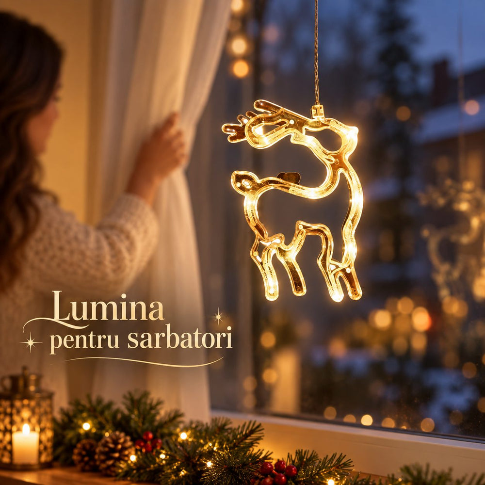 Decoratiune Luminoasa de Craciun pentru Fereastra, Model Cerb, Iluminare LED, cu Ventuza, Plastic, 18 x 13 cm, Lumina Alb Cald