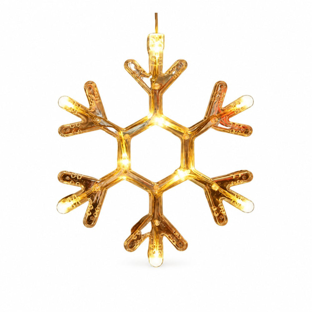 Decoratiune Luminoasa de Craciun pentru Fereastra, Model Fulg de Nea, Iluminare LED, cu Ventuza, Plastic, 19 x 19 cm, Lumina Alb Cald