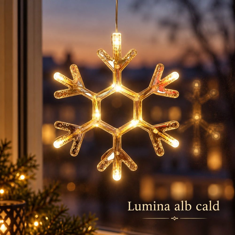 Decoratiune Luminoasa de Craciun pentru Fereastra, Model Fulg de Nea, Iluminare LED, cu Ventuza, Plastic, 19 x 19 cm, Lumina Alb Cald