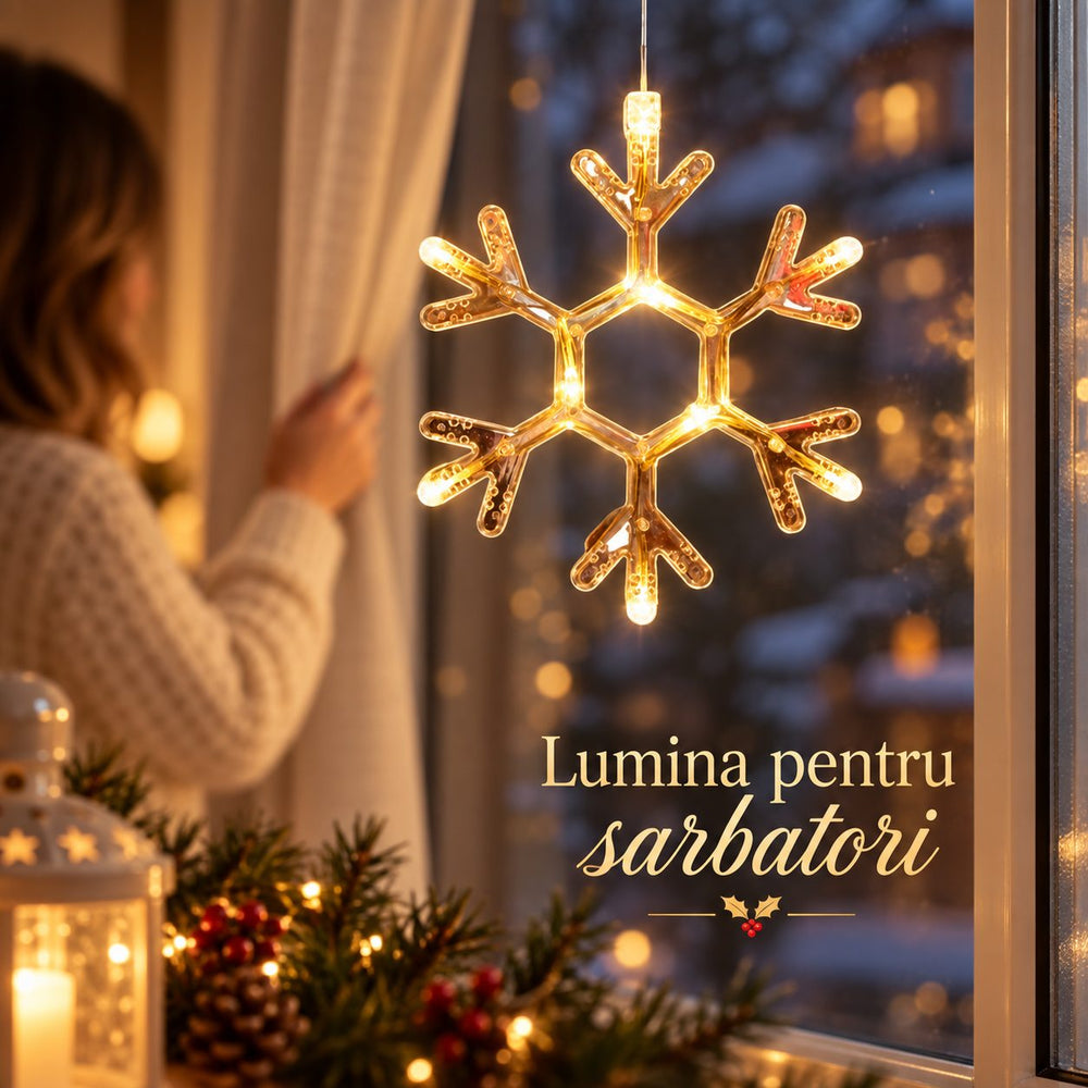 Decoratiune Luminoasa de Craciun pentru Fereastra, Model Fulg de Nea, Iluminare LED, cu Ventuza, Plastic, 19 x 19 cm, Lumina Alb Cald