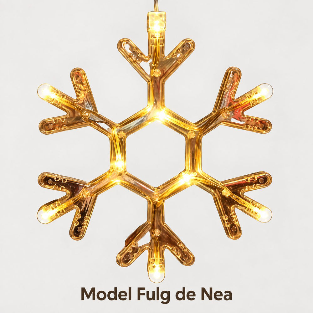 Decoratiune Luminoasa de Craciun pentru Fereastra, Model Fulg de Nea, Iluminare LED, cu Ventuza, Plastic, 19 x 19 cm, Lumina Alb Cald