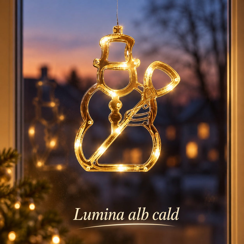 Decoratiune Luminoasa de Craciun pentru Fereastra, Model Om de Zapada, cu Ventuza, 19 x 18 cm, Lumina Alb Cald