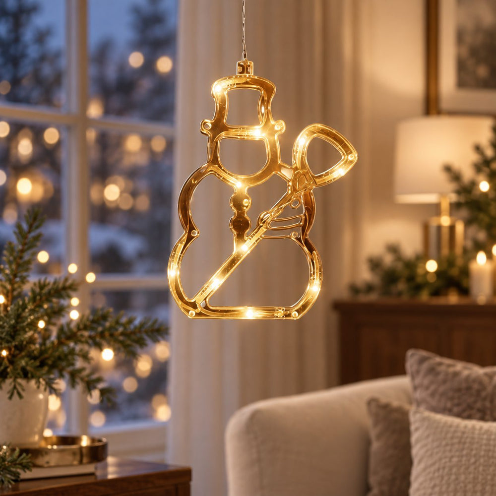 Decoratiune Luminoasa de Craciun pentru Fereastra, Model Om de Zapada, cu Ventuza, 19 x 18 cm, Lumina Alb Cald