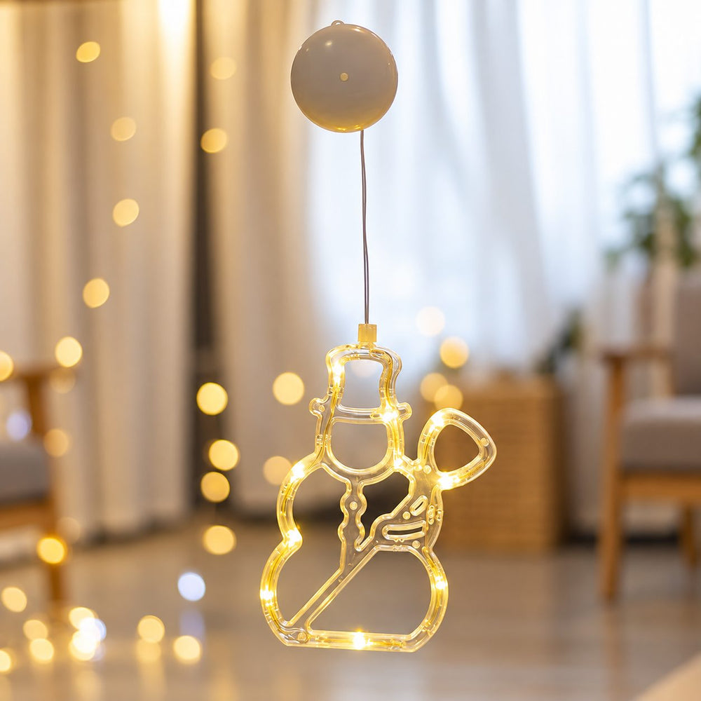 Decoratiune Luminoasa de Craciun pentru Fereastra, Model Om de Zapada, cu Ventuza, 19 x 18 cm, Lumina Alb Cald