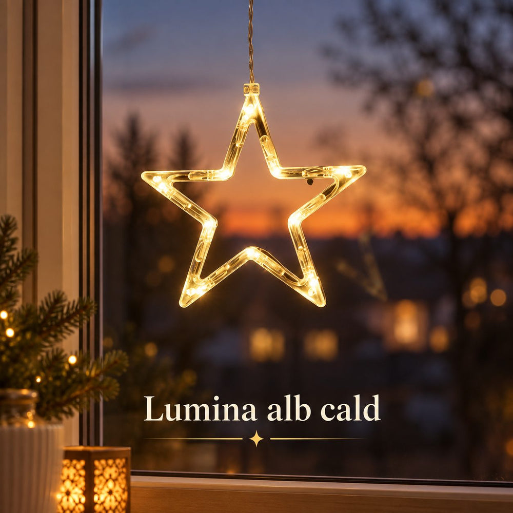 Decoratiune Luminoasa de Craciun pentru Fereastra, Model Stea, Iluminare LED, cu Ventuza, Plastic, 19 x 18 cm, Lumina Alb Cald