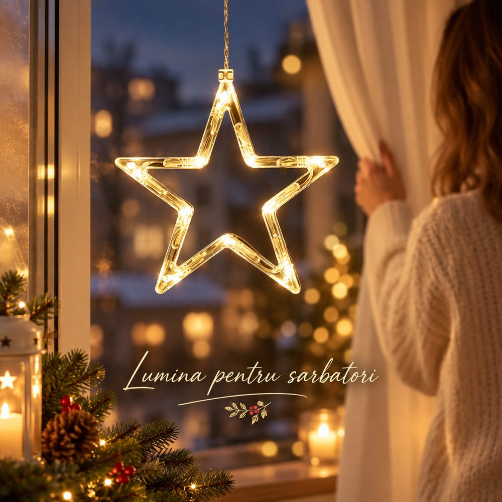 Decoratiune Luminoasa de Craciun pentru Fereastra, Model Stea, Iluminare LED, cu Ventuza, Plastic, 19 x 18 cm, Lumina Alb Cald