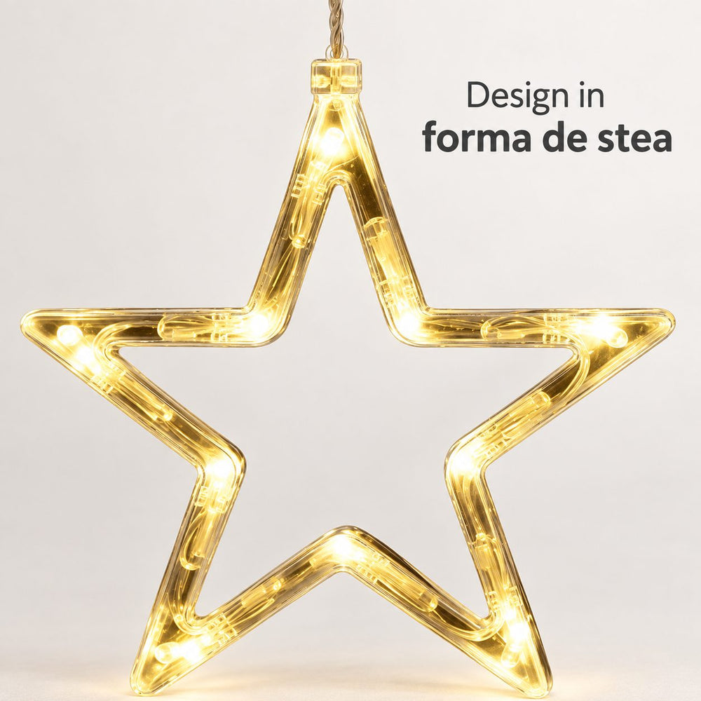Decoratiune Luminoasa de Craciun pentru Fereastra, Model Stea, Iluminare LED, cu Ventuza, Plastic, 19 x 18 cm, Lumina Alb Cald