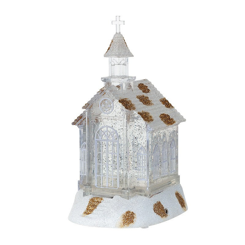 Decoratiune de Craciun, Model Bisericuta Transparenta cu Sclipici, Iluminare LED si Efect Zapada, 22 x 13 x 11.5 cm, Alb Transparent