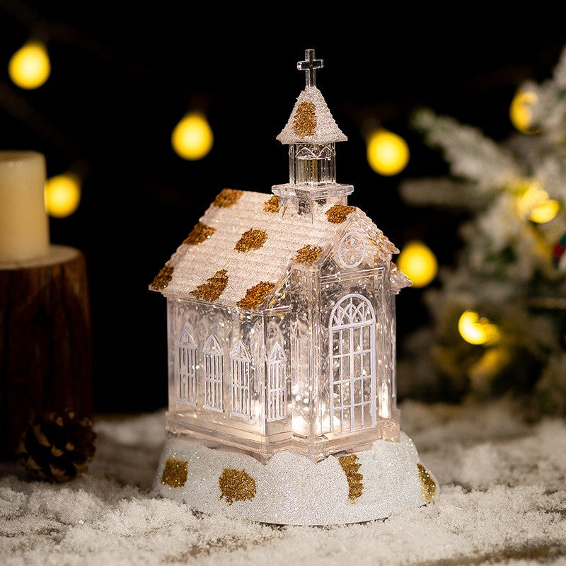 Decoratiune de Craciun, Model Bisericuta Transparenta cu Sclipici, Iluminare LED si Efect Zapada, 22 x 13 x 11.5 cm, Alb Transparent