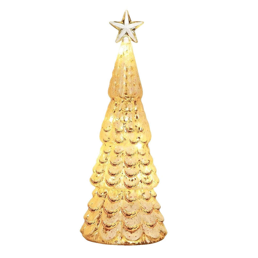 Decoratiune de Craciun, Model Brad cu Stea, din Sticla, Lumini, Baterii 3 AA, 24 x 8 cm, Auriu