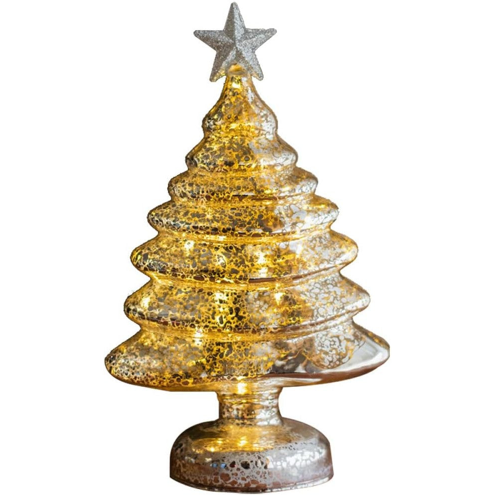 Decoratiune de Craciun, Model Brad cu Stea, din Sticla, Lumini, Baterii 3 AA, 22 x 9 cm, Auriu