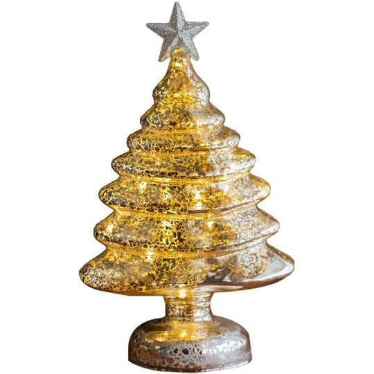 Decoratiune de Craciun, Model Brad cu Stea, din Sticla, Lumini, Baterii 3 AA, 22 x 9 cm, Auriu