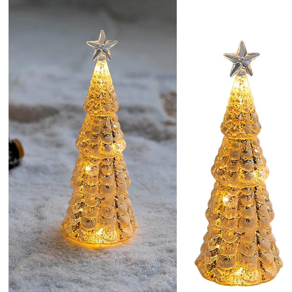 Decoratiune de Craciun, Model Brad cu Stea, din Sticla, Lumini, Baterii 3 AA, 24 x 8 cm, Auriu