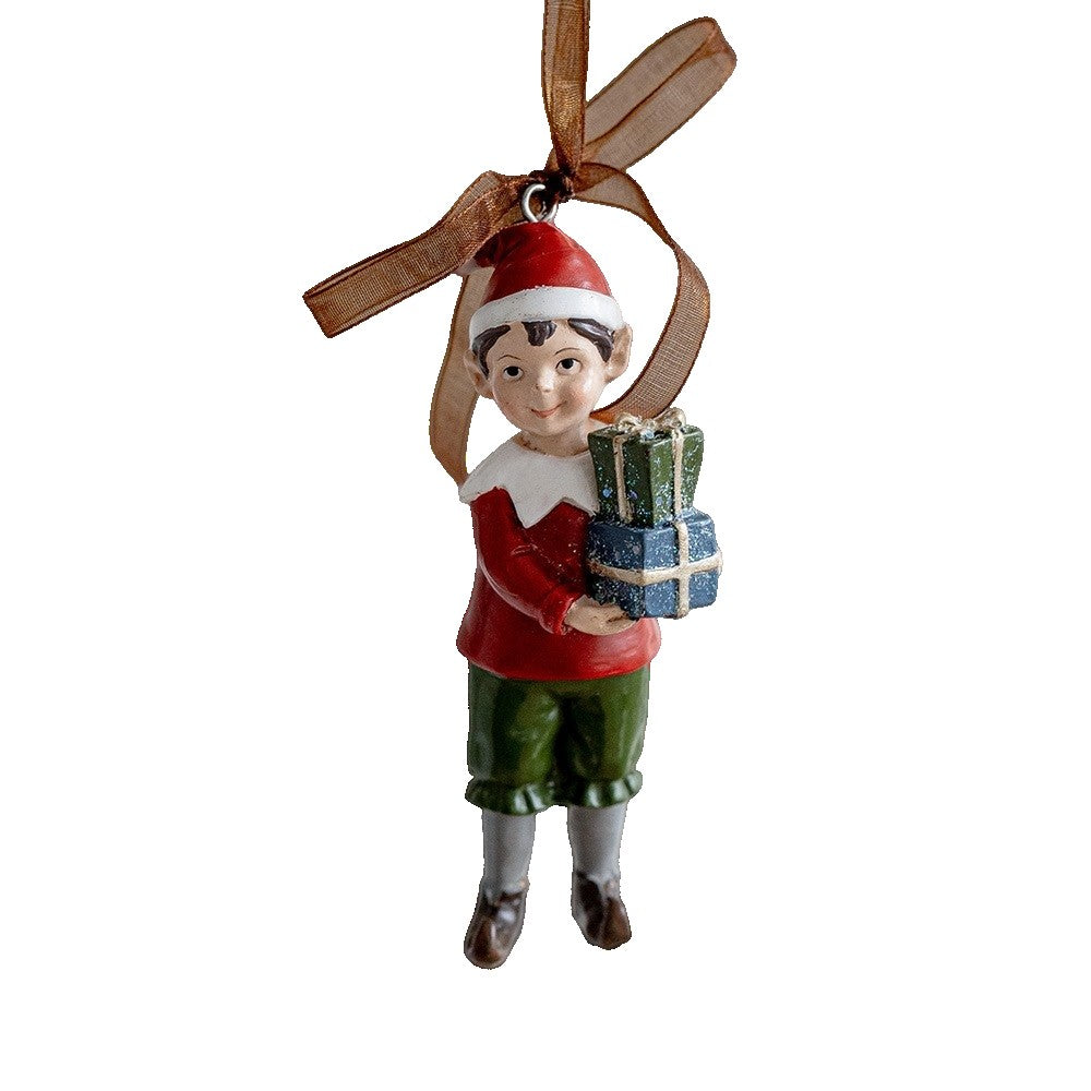 Decoratiune de Craciun, pentru Brad, Model Elf cu Cadouri, 10 x 3 cm, din Rasina, Multicolor