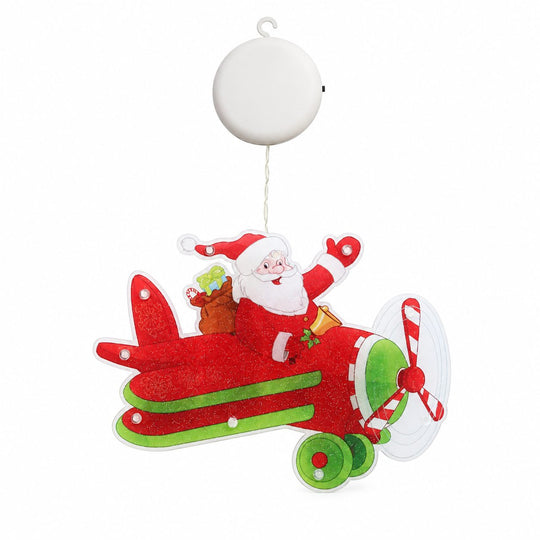 Decoratiune de Craciun pentru Fereastra, Model Mos Craciun in Avion, Iluminare LED, 23 cm, Multicolor, Lumina Alb Cald