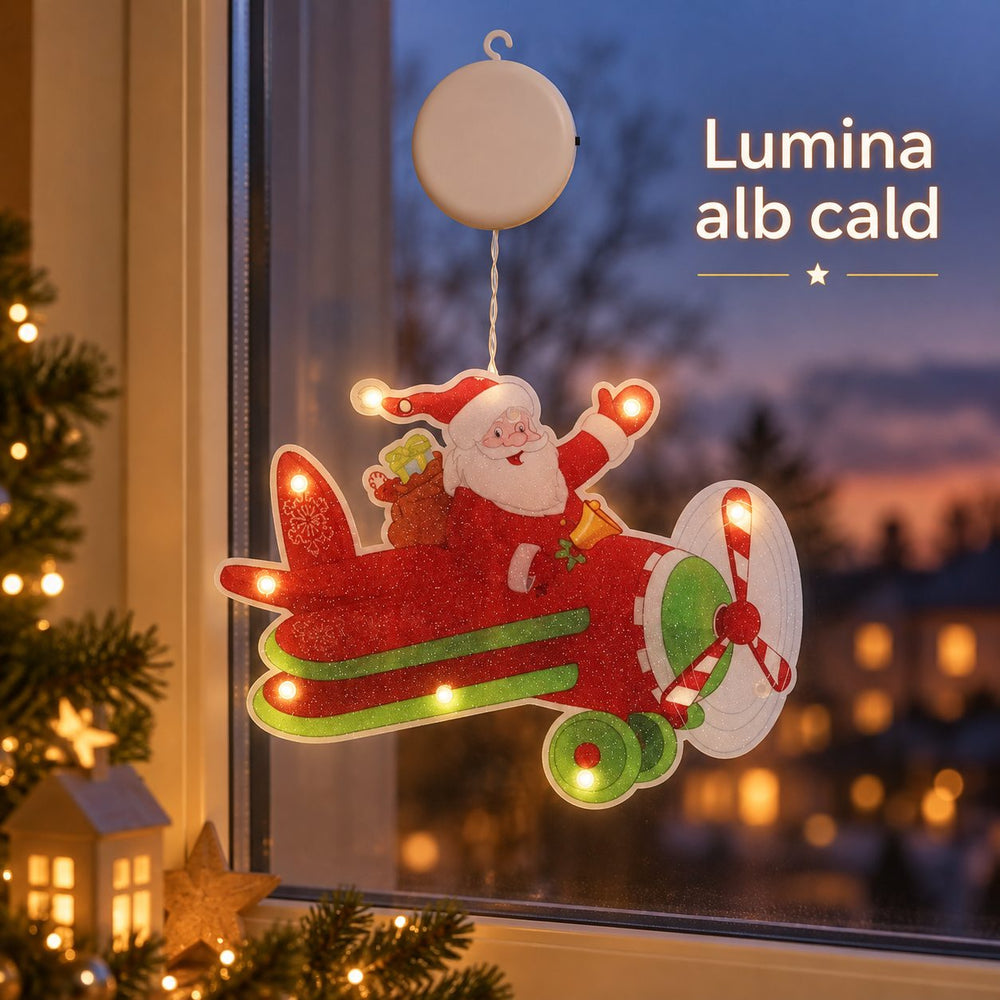 Decoratiune de Craciun pentru Fereastra, Model Mos Craciun in Avion, Iluminare LED, 23 cm, Multicolor, Lumina Alb Cald