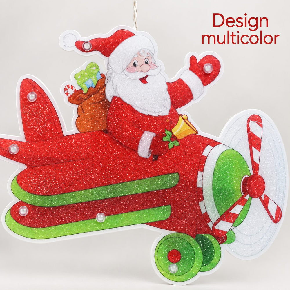 Decoratiune de Craciun pentru Fereastra, Model Mos Craciun in Avion, Iluminare LED, 23 cm, Multicolor, Lumina Alb Cald