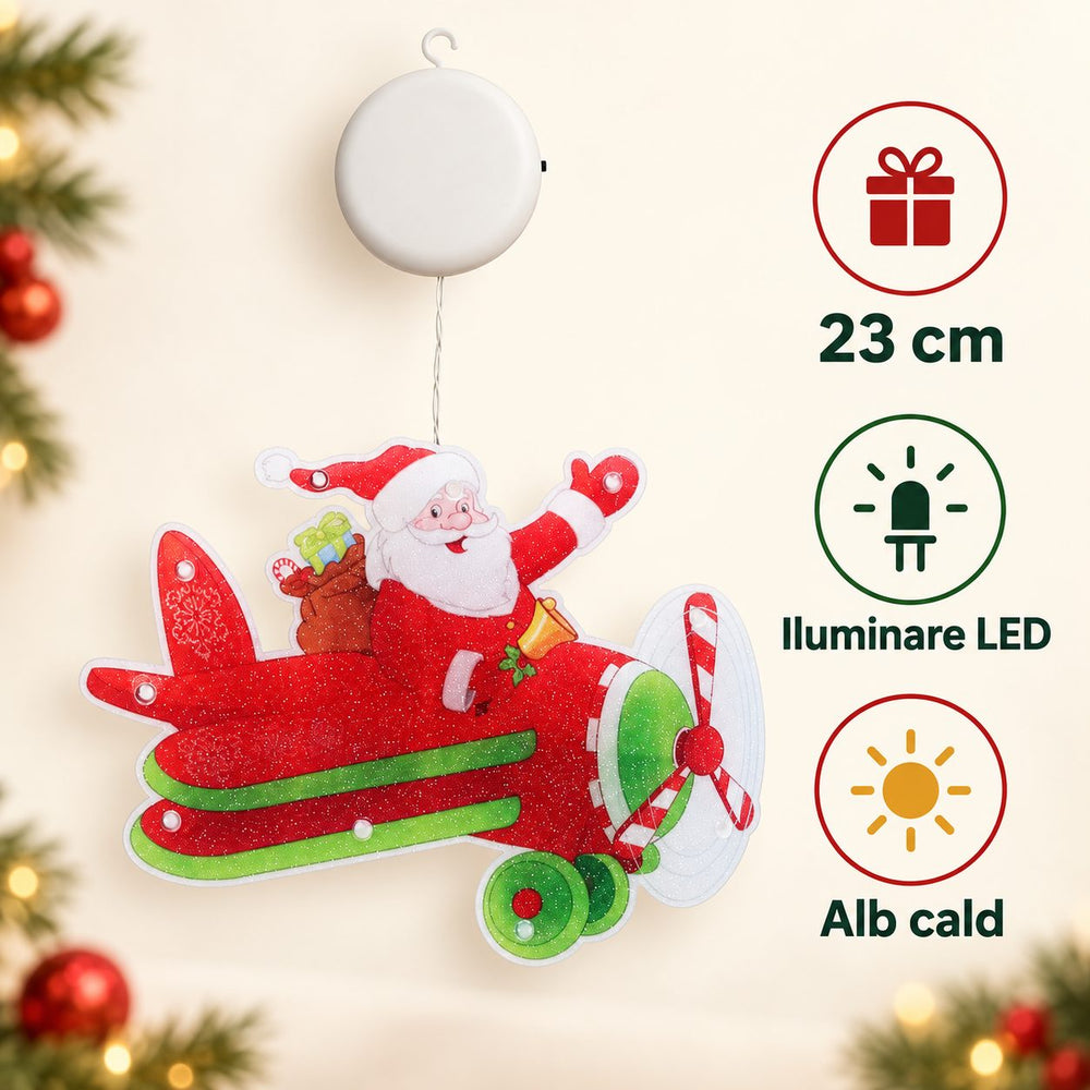 Decoratiune de Craciun pentru Fereastra, Model Mos Craciun in Avion, Iluminare LED, 23 cm, Multicolor, Lumina Alb Cald