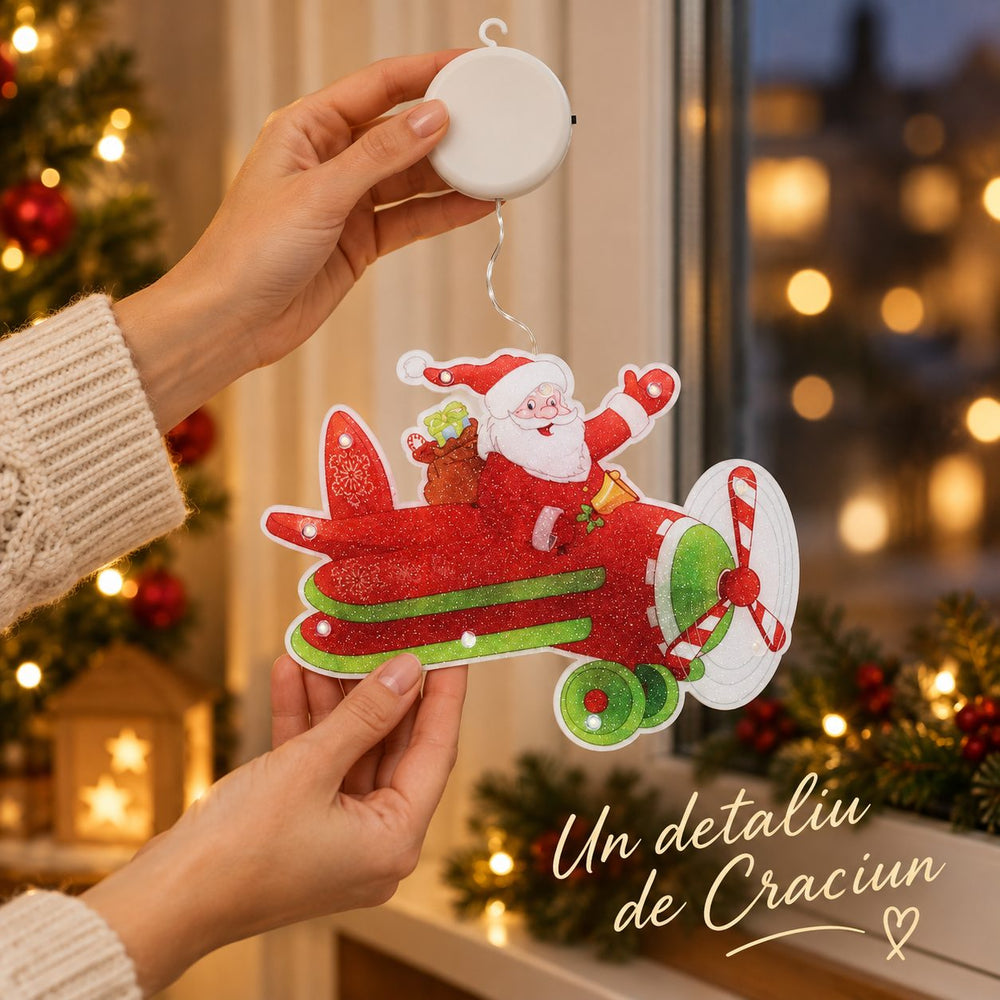 Decoratiune de Craciun pentru Fereastra, Model Mos Craciun in Avion, Iluminare LED, 23 cm, Multicolor, Lumina Alb Cald