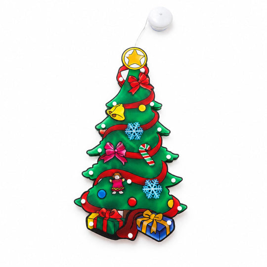 Decoratiune de Craciun pentru Fereastra, Model Brad, Iluminare LED, 26 cm, Multicolor, Lumina Alb Cald