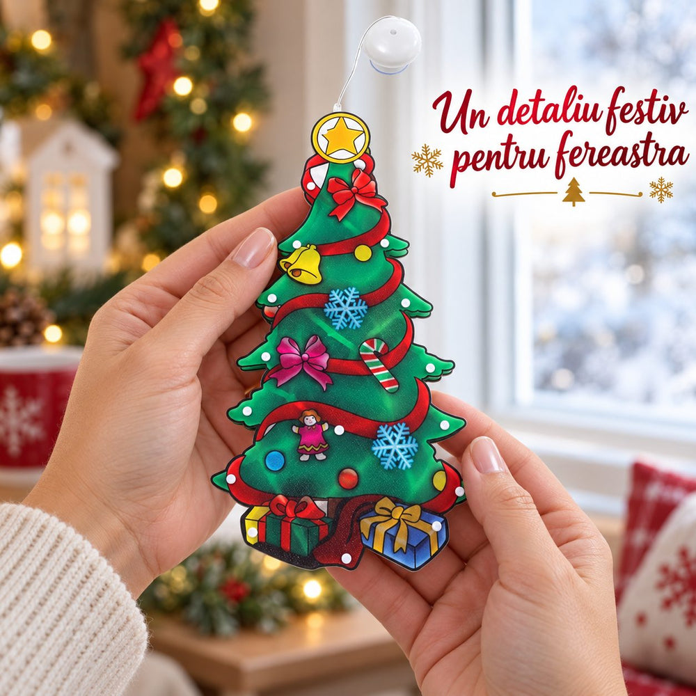 Decoratiune de Craciun pentru Fereastra, Model Brad, Iluminare LED, 26 cm, Multicolor, Lumina Alb Cald
